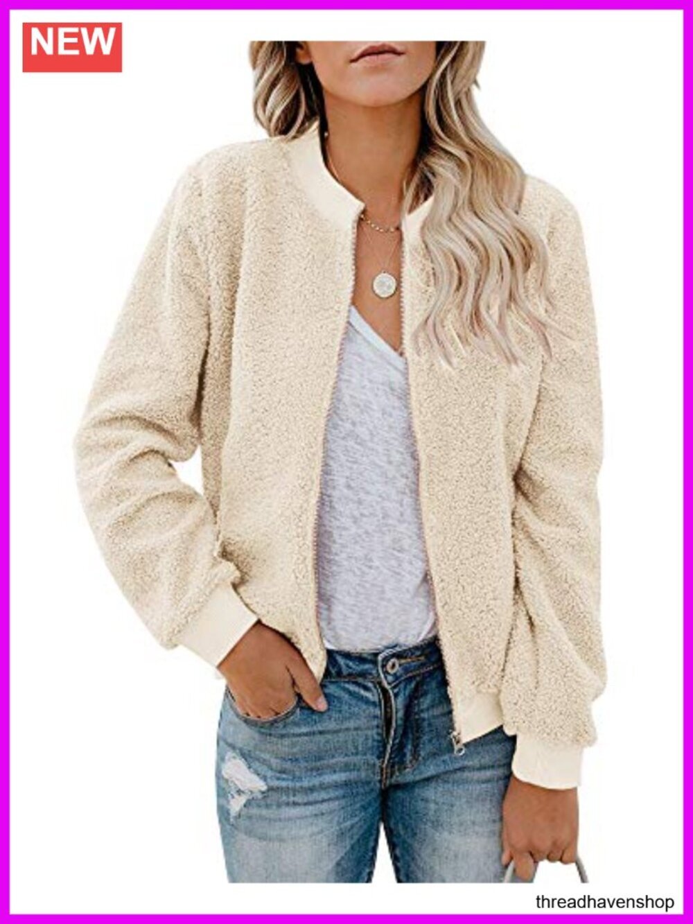 Women Faux Sherpa Fleece Bomber Jacket Zip Up Long Sleeve Casual Coat